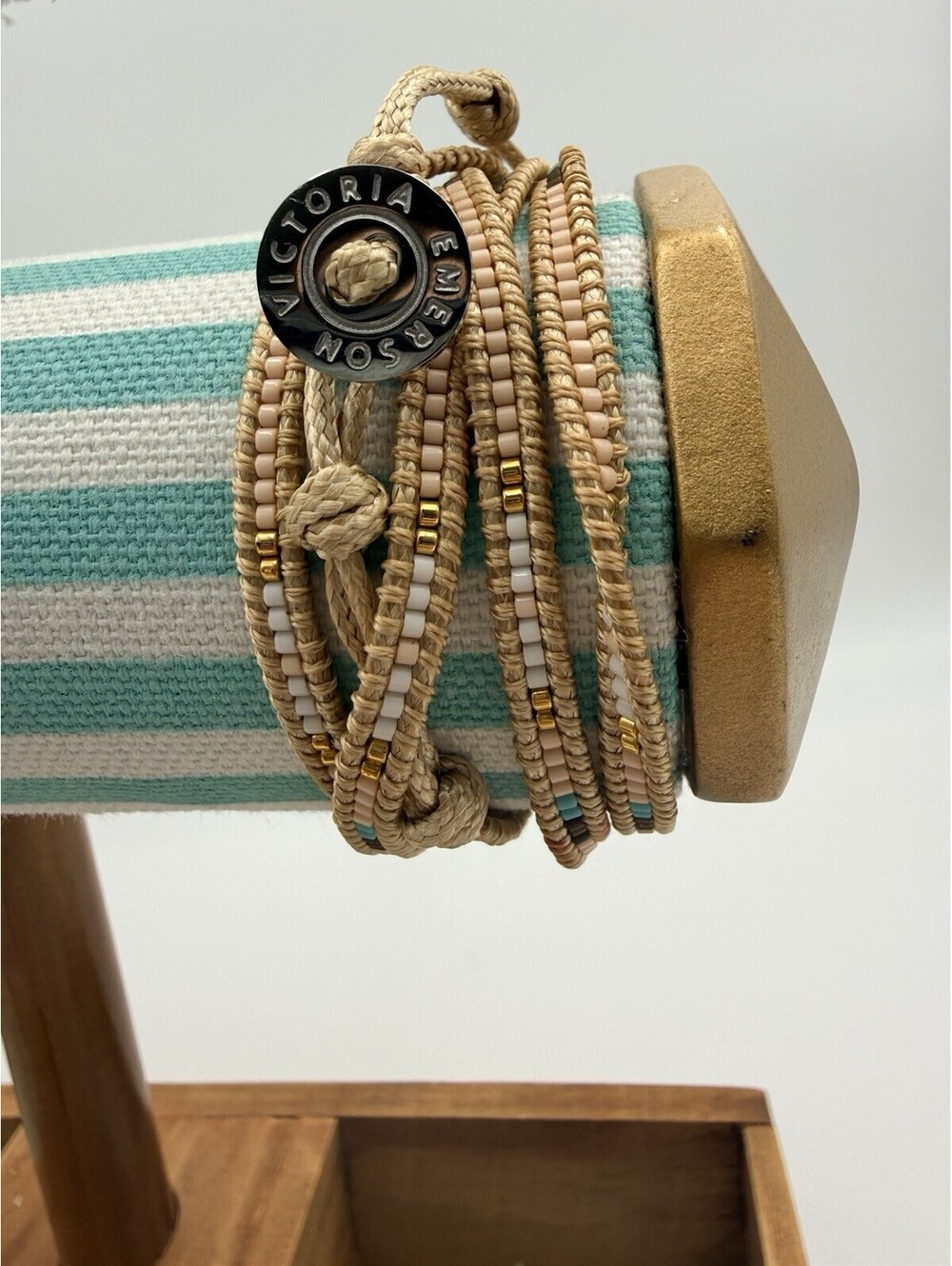 Victoria Emerson Beaded Wrap Bracelet Cord Button Gold Multicolor